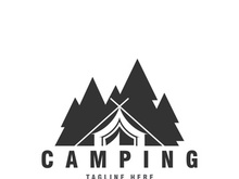 Pine trees and camping tent textured logo design vector illustration