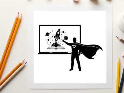 Silhouette of a superhero presenting a rocket on a screen