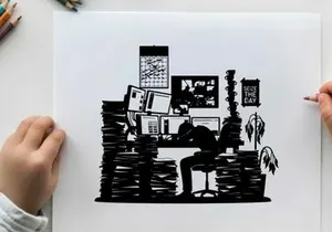 Silhouette of a person surrounded by stacks of paperwork silhouette