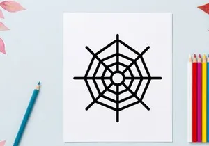 Diseño minimalista geométrico de telaraña para Halloween. Ilustración vectorial en blanco y negro de una telaraña estilizada con nodo central.