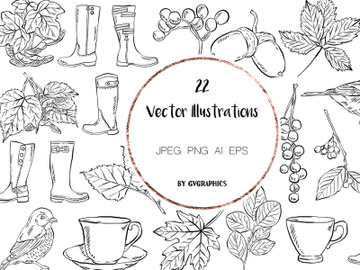 22 Hand Drawn Birds, Leaves, Berries, Boots and Tea cups Vector Illustrations preview picture