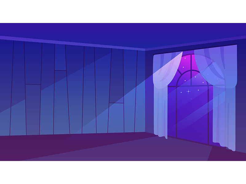 Moon rays shedding light in empty room flat vector illustration