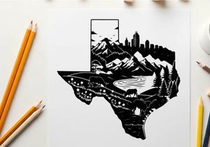 Texas silhouette landscape with mountains and cityscape