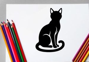 Silhouette einer sitzenden Katze mit spitzen Ohren und eingerolltem Schwanz