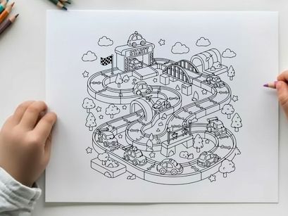 Winter village race track toy set vector illustration