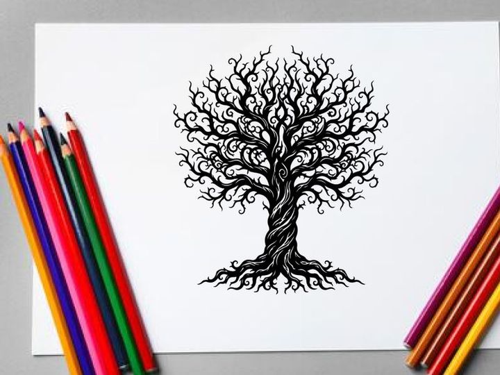 Black silhouette of a leafless tree with intricate branches