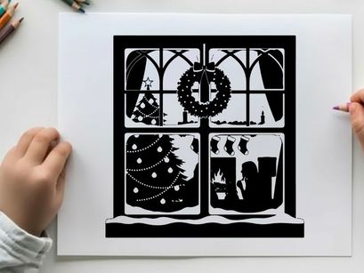 Christmas window silhouette with wreath and decorations