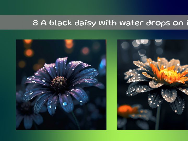 A black daisy with water drops