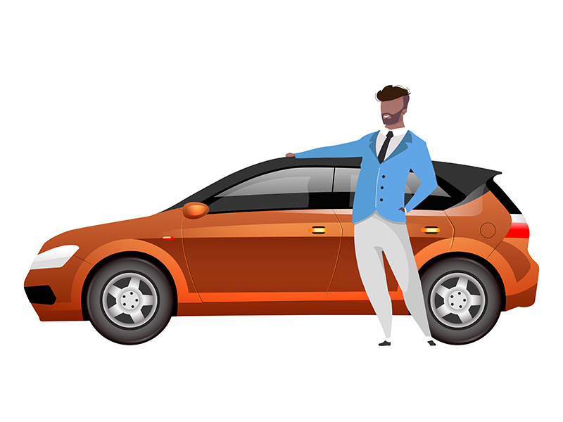 Man standing by hatchback flat color vector faceless character