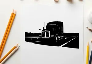 Silhouette of a semi truck driving on a highway with mountains