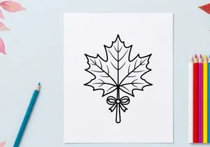 Stylized maple leaf illustration with bow. Elegant botanical design for branding and decor.