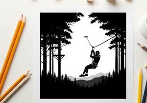 Silhouette of a person ziplining through a forest with trees and mountains