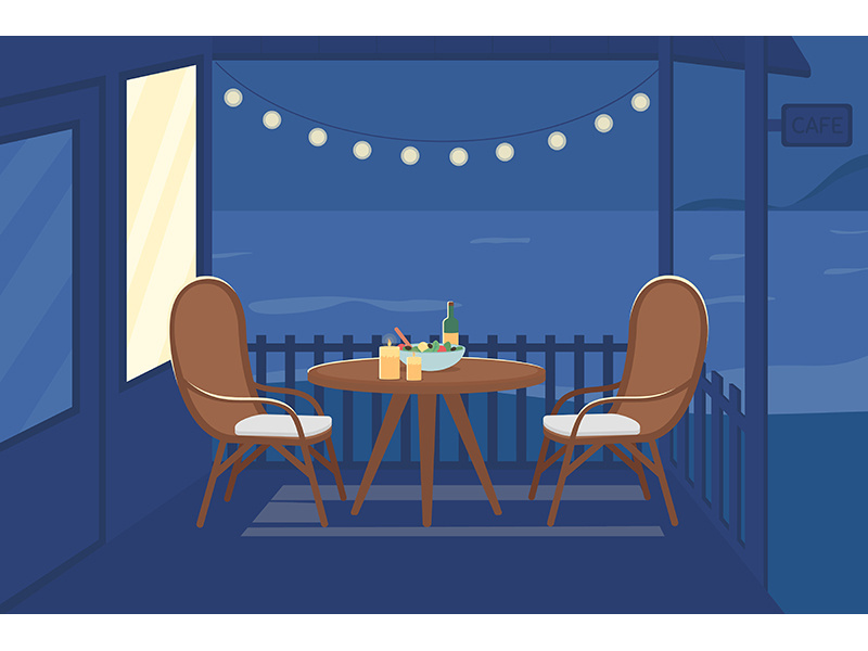 Romantic night at cafe flat color vector illustration