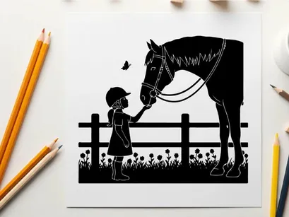 Silhouette of a child and horse by a fence