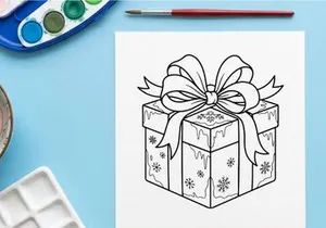 Christmas gift box with ribbon bow, black and white line art coloring page illustration.