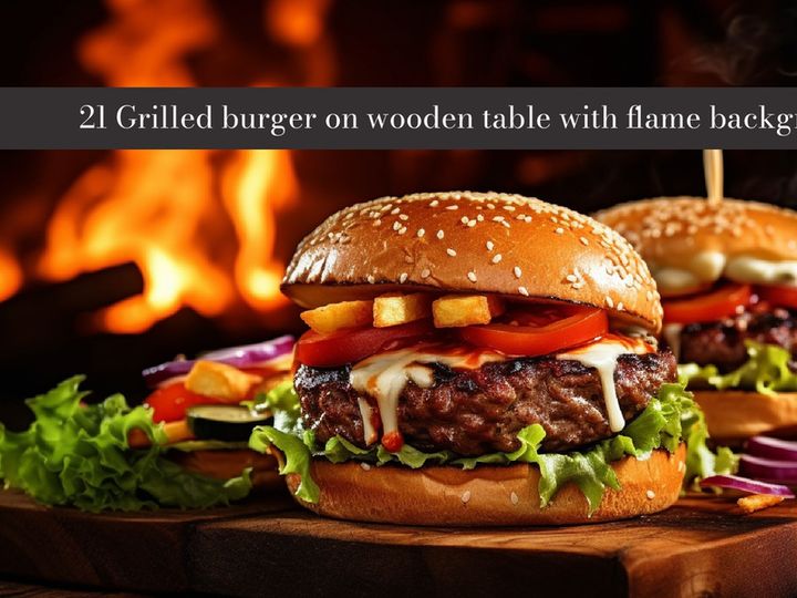 Grilled burger on wooden table with flame background.