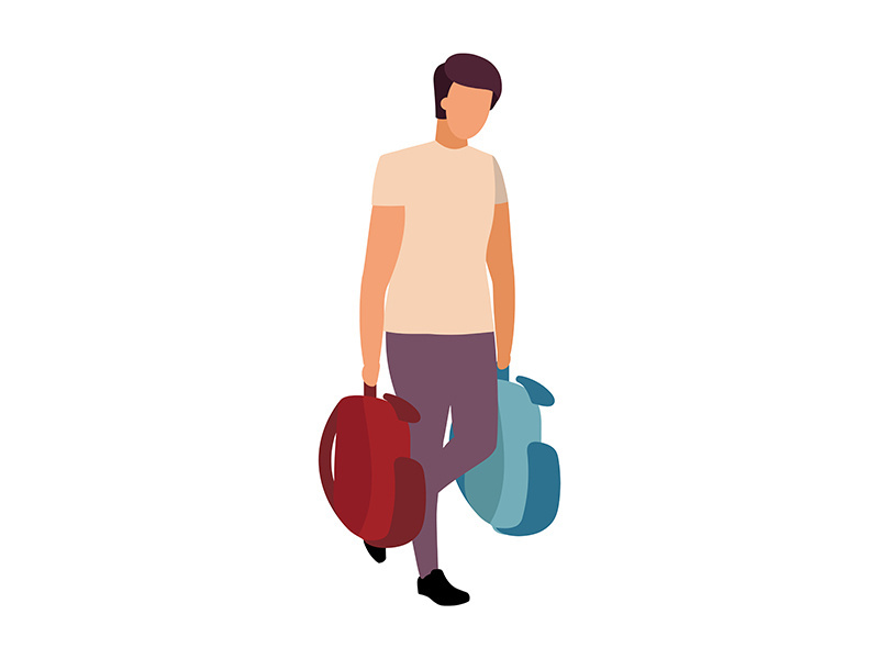 Man carries backpacks semi flat color vector character