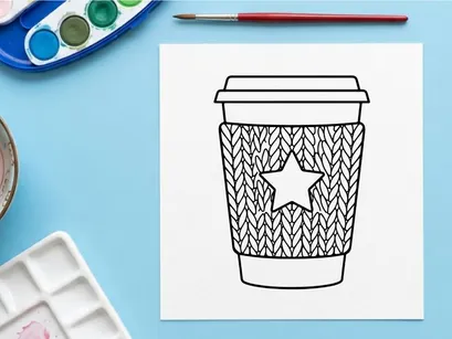 Christmas coffee cup with knitted sweater pattern and festive star design isolated on white