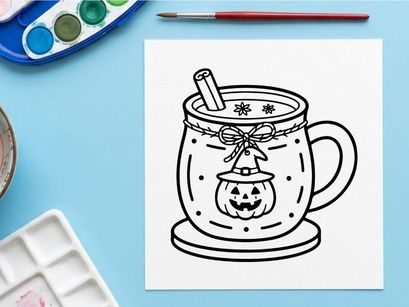 Halloween Kürbis-Tassen-Färbeseite. Festliche Herbstgetränke-Illustration für Kinderaktivitäten.