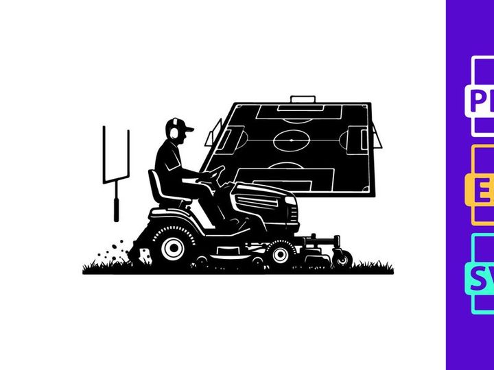 Man on a riding lawn mower with a football field diagram on a screen