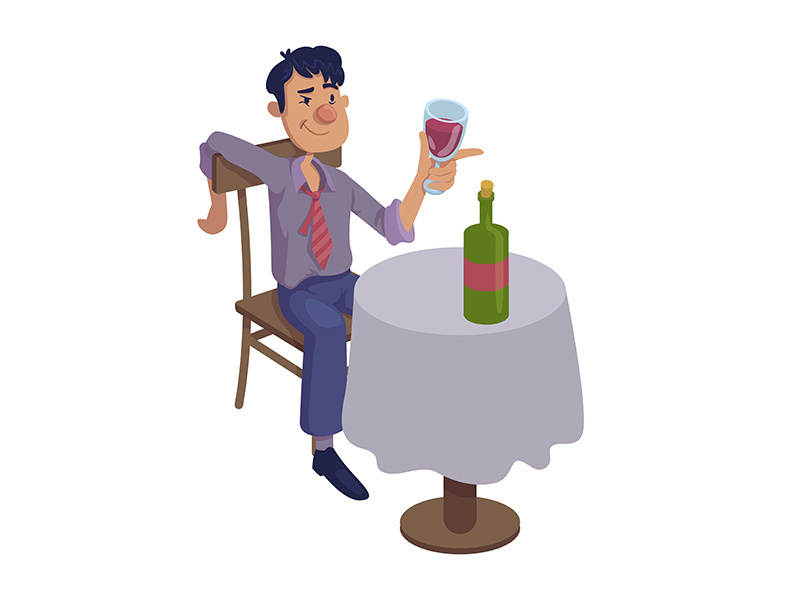 Drunk man sitting at table flat cartoon vector illustration