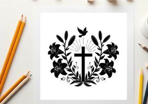 Christian cross silhouette with floral wreath and dove