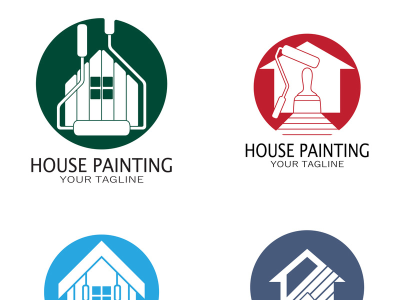 logo icon illustration house paint with a blend of brushes and rollers for house wall paint design, minimalist house, painting, interior, building, property business, wallpaper, vector concept