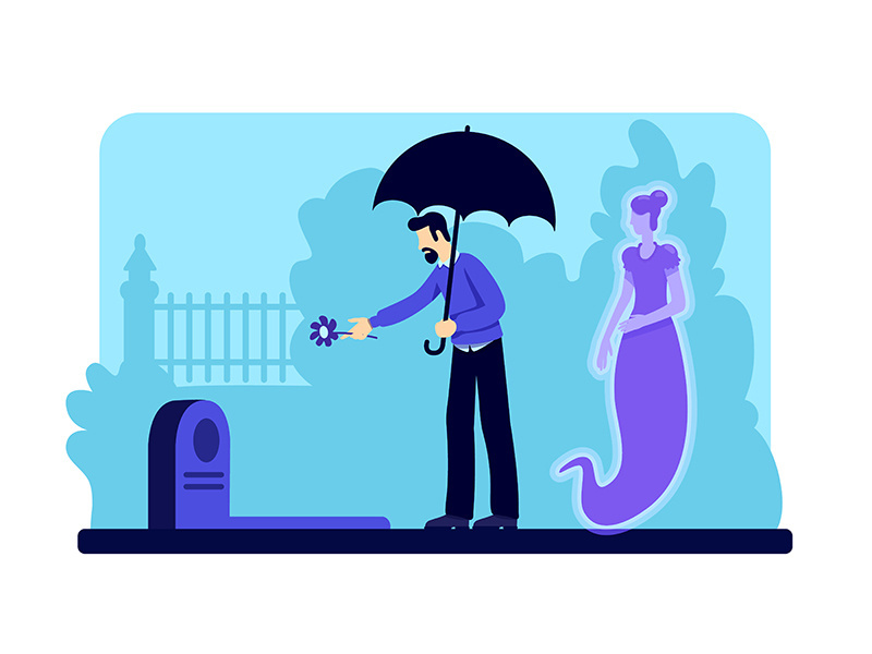 Man with flower at cemetery flat color vector illustration