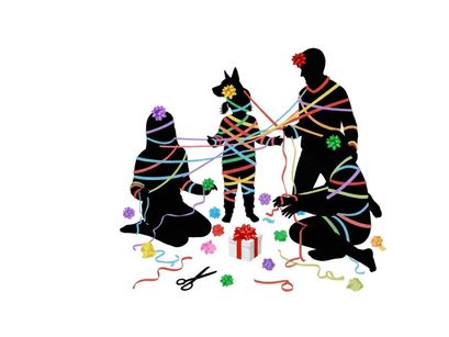 Silhouette of a family and dog wrapped in colorful yarn with gifts