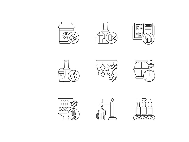 Brewing beer process pixel perfect linear icons set