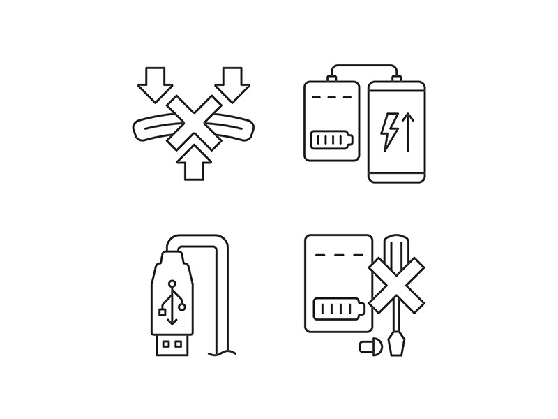 Powerbank proper use linear manual label icons set