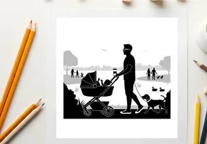 Silhouette of man walking baby stroller and dog in park