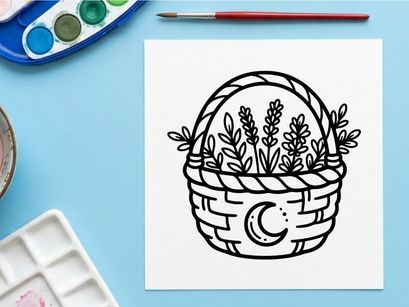 Wicker basket with lavender flowers. Hand drawn botanical illustration with moon symbol.