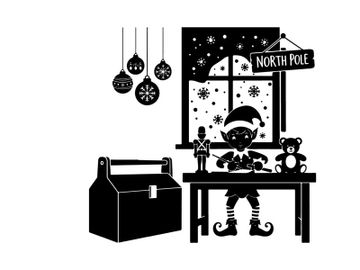 Christmas silhouette of elf by window with teddy bear preview picture