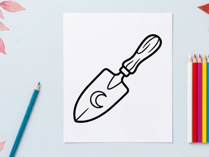 Hand-drawn Halloween trowel for spooky baking and pumpkin carving. Cartoon-style kitchen tool with playful swirl design for festive cooking and dec...