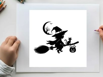 Silhouette of a witch flying on a broomstick with cat and jack o lantern