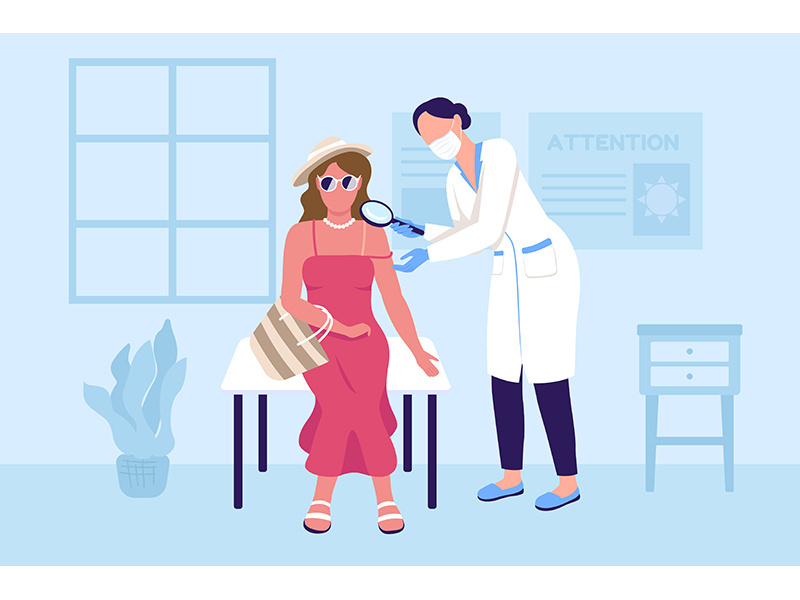 Sunburnt skin check at doctor flat color vector illustration