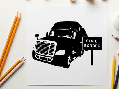 Black silhouette semi truck at a state border crossing