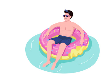 Man on inflatable donut flat color vector faceless character preview picture