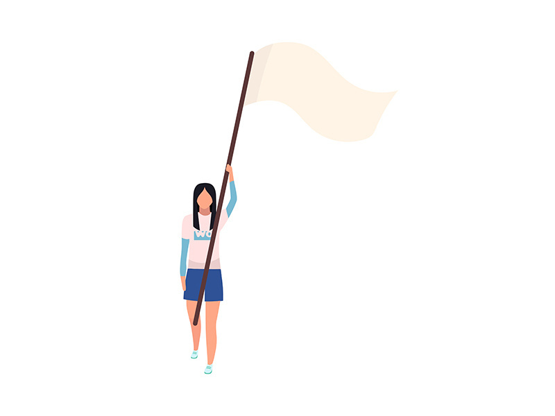 Young woman with flag on stick semi flat color vector character