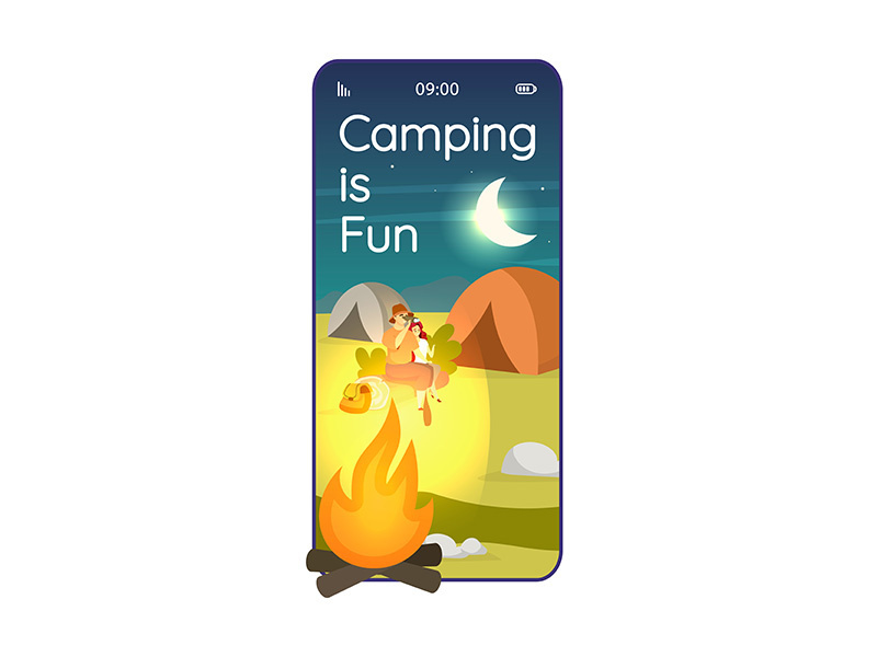 Camping is fun cartoon smartphone vector app screen