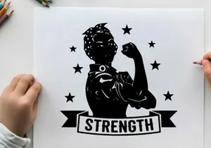 Silhouette of a strong woman flexing her muscle with stars and strength banner