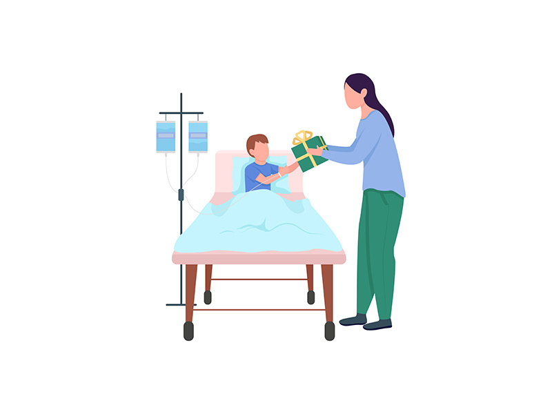 Sick child and volunteer woman giving gift flat color vector faceless character