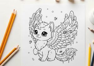 Cute white cat with angel wings vector illustration