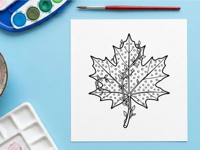 Close-up of a detailed maple leaf with water droplets. Autumn nature scene with vibrant foliage and fresh morning atmosphere.