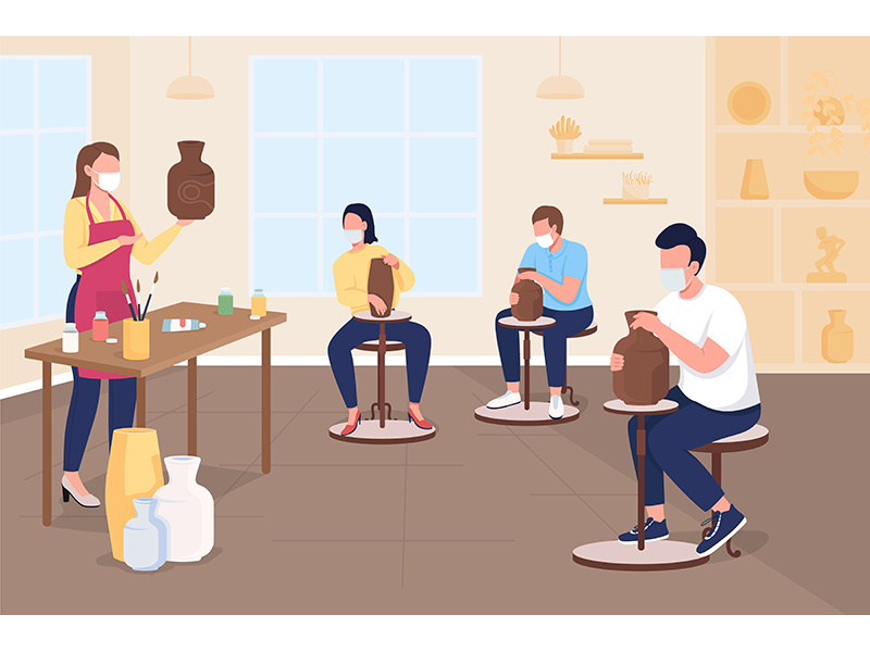 Pottery class during pandemic flat color vector illustration