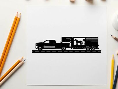 Black silhouette of a pickup truck with horse trailer