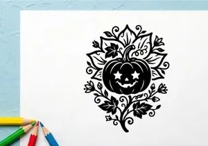 Halloween Pumpkin Jack-o'-Lantern with Spooky Face and Decorative Leaves