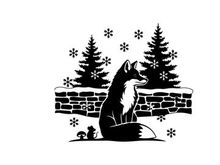 Silhouette of a fox sitting by a snowy wall with pine trees silhouette