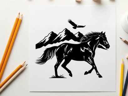 Silhouette of a horse running with mountains and bird